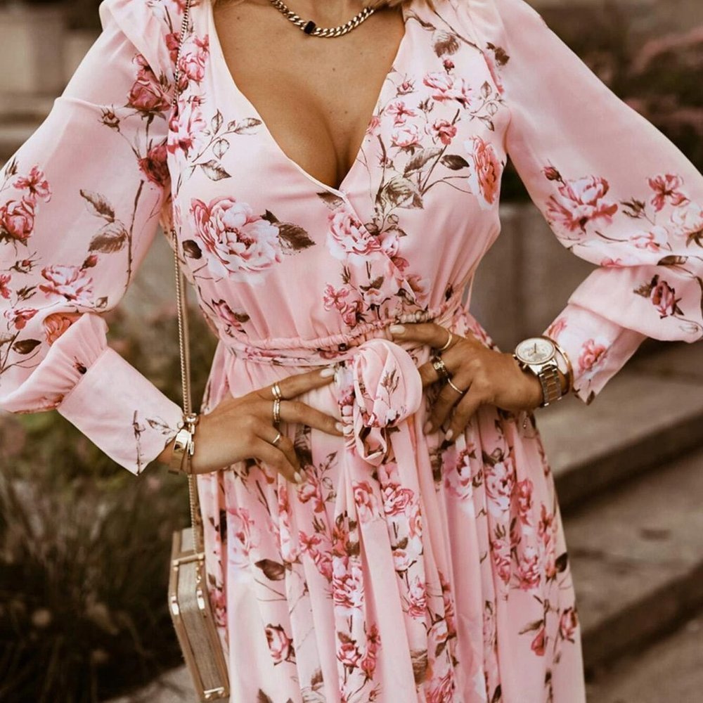 Floral Print Long Sleeved Split Thigh Maxi  Dress Pink - Picture 7 of 7